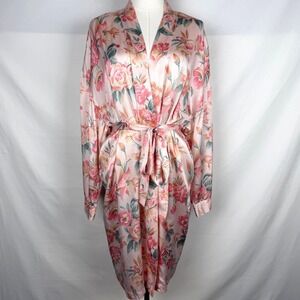 Vintage Victorias Secret Gold Label 100% Silk Floral Robe Pink M/L Kimono Wrap
